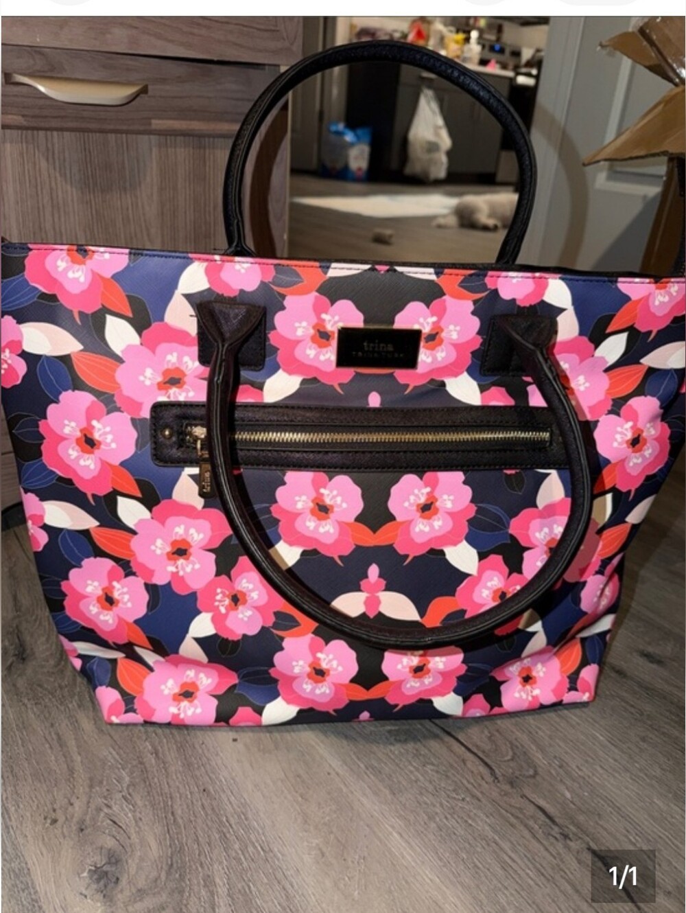 Trina Turk Navy Floral Tote with Pink Blossoms
